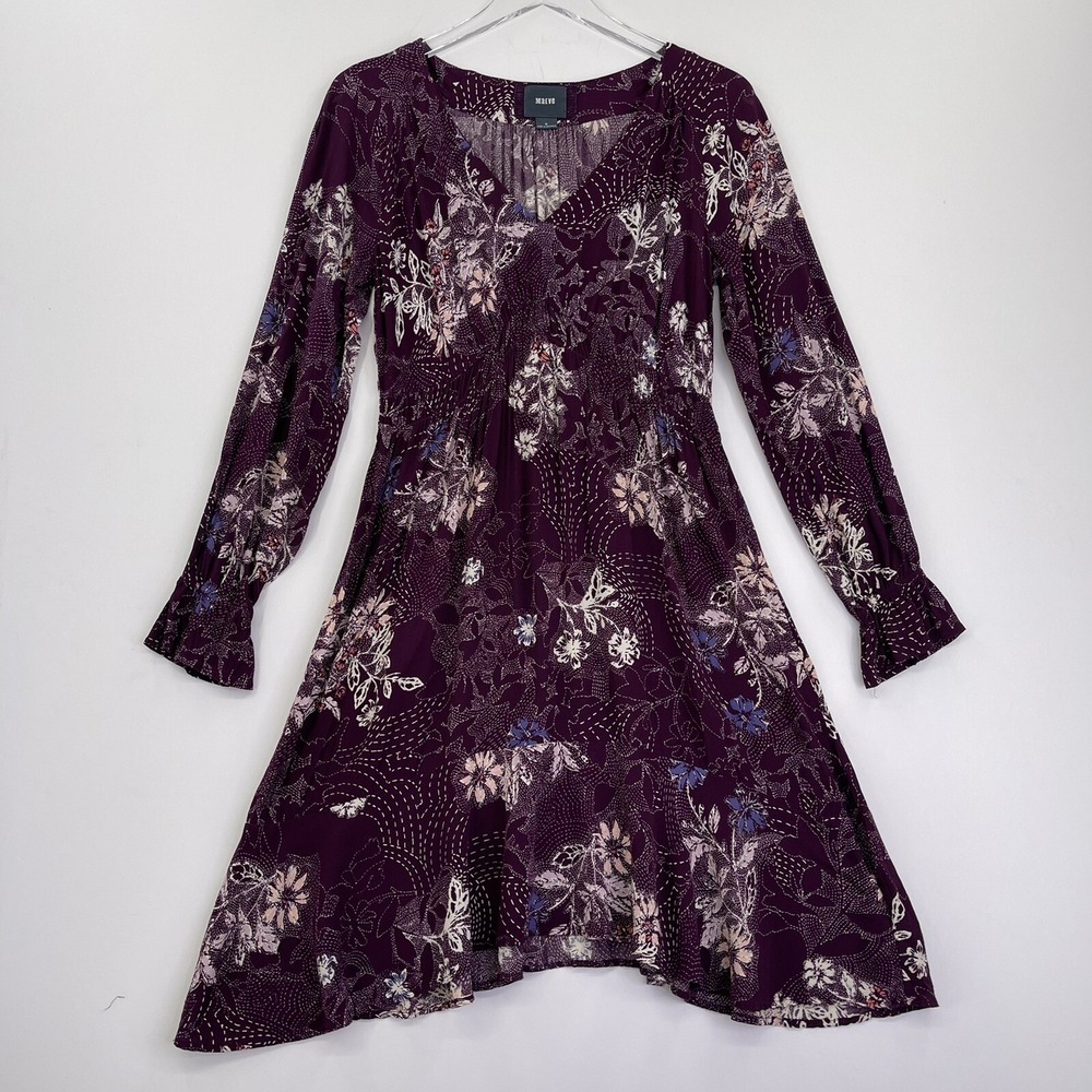 Maeve Anthropologie Womens Dress Medium Purple Floral Elastic Waist Long Sleeve